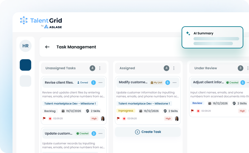 TalentGrid task management board with workflows, assignments, and AI summary